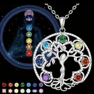 925 Sterling Silver Diamond 7 Chakra Tree of‎ Life Healing Necklace